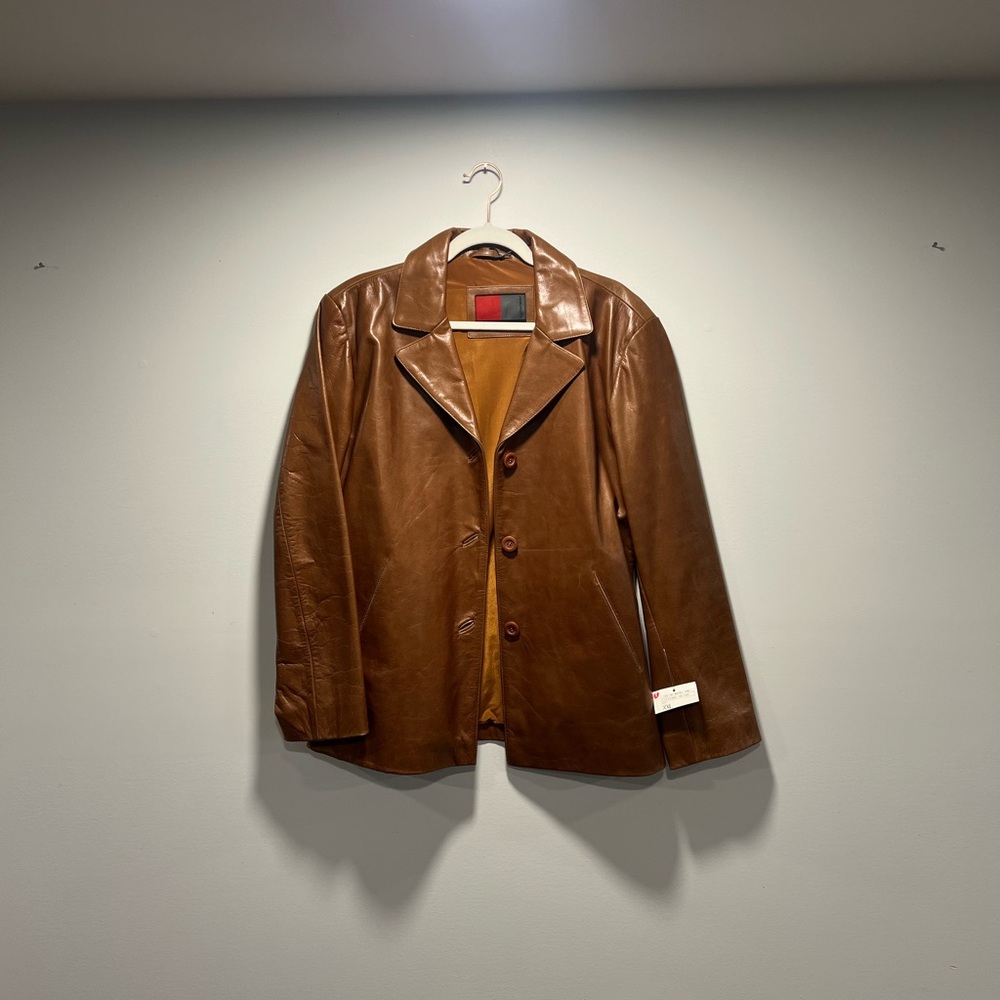 K-OSS Italian Leather Camel Car Coat Jacket | Vintage | Tagged XXL Fits M-L